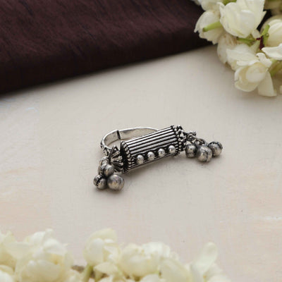 trueBrowns Silver Tone Rectangular Ghungroo Ring