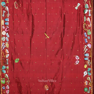 Maroon Sitar Instrument Pattachitra Silk Saree