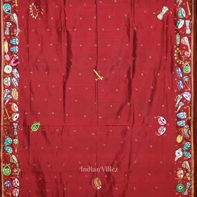 Maroon Sitar Instrument Pattachitra Silk Saree