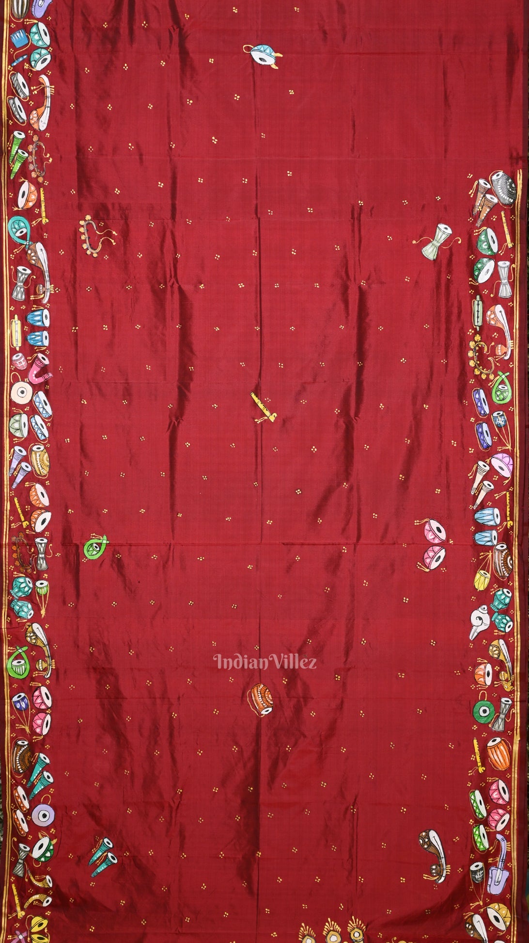 Maroon Sitar Instrument Pattachitra Silk Saree
