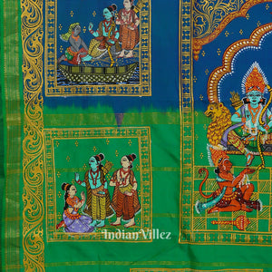 Blue Green Ramayan Theme Hand-Painted Pattachitra Saree