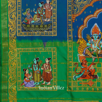 Blue Green Ramayan Theme Hand-Painted Pattachitra Saree