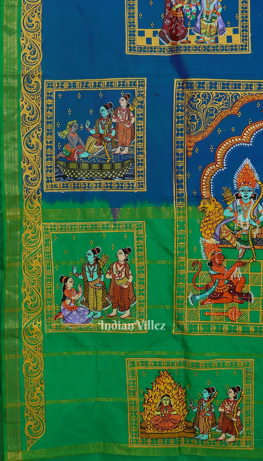 Blue Green Ramayan Theme Hand-Painted Pattachitra Saree