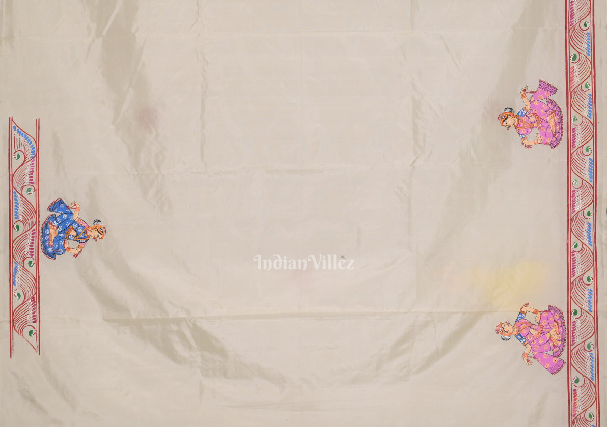 White Krishna Boita Hand-Painted Pattachitra Saree