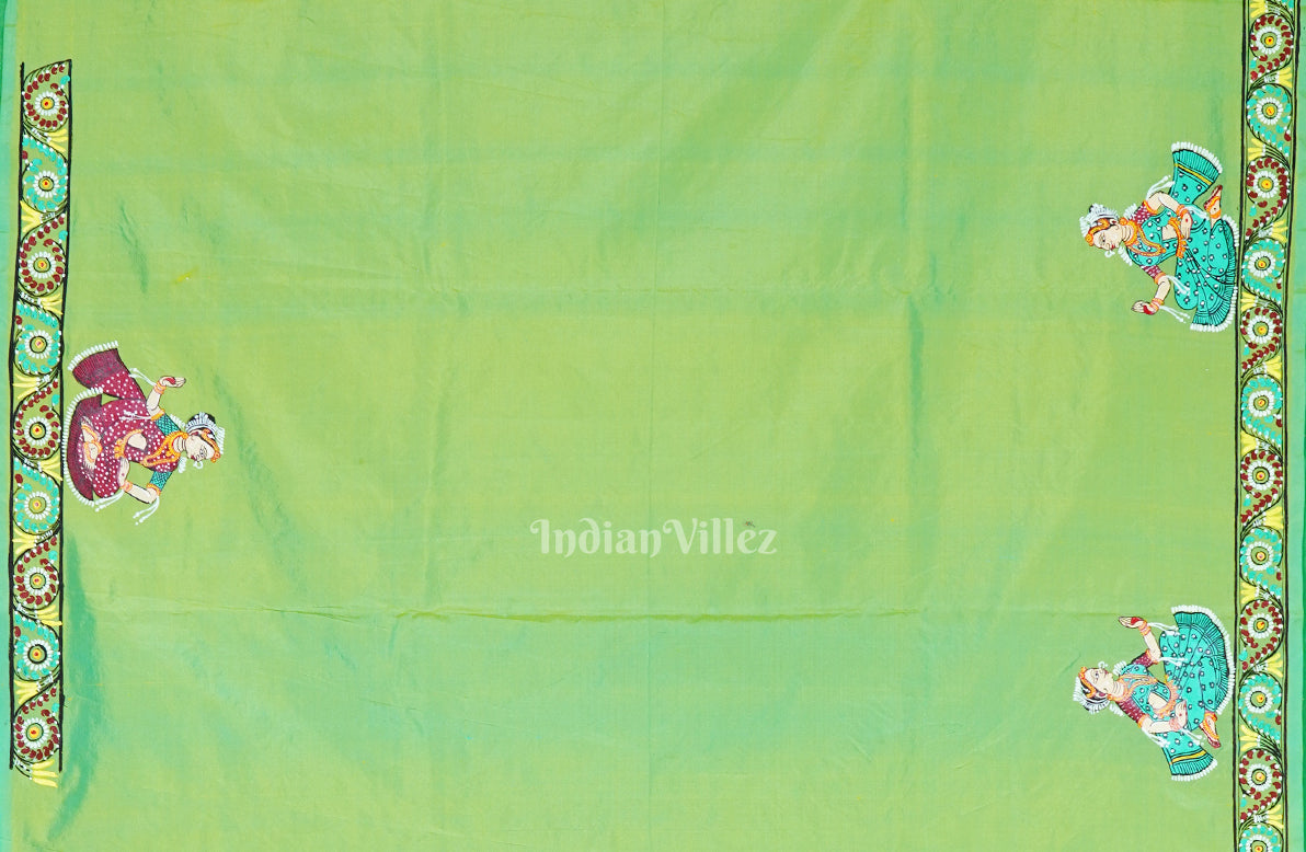 Parrot Green Dual Tone Ardha Chandra Krishna Rasa Leela Hand-Painted Pattachitra Saree (Pre Order)