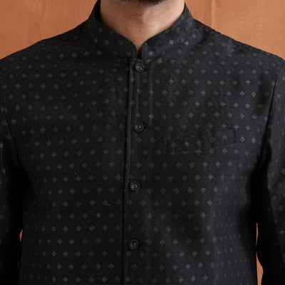 trueBrowns Men's Black Chanderi Long Jacket