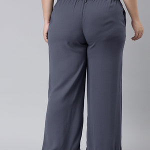 Women Solid Dark Jean Blue High Rise Crepe Wide Pant