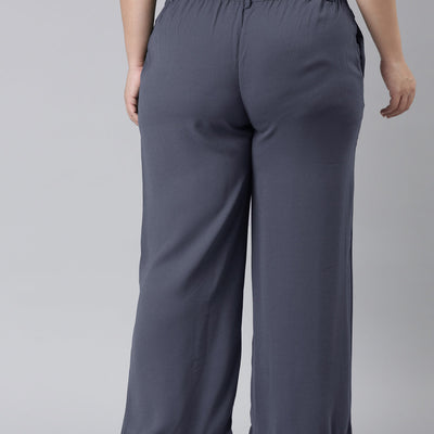 Women Solid Dark Jean Blue High Rise Crepe Wide Pant