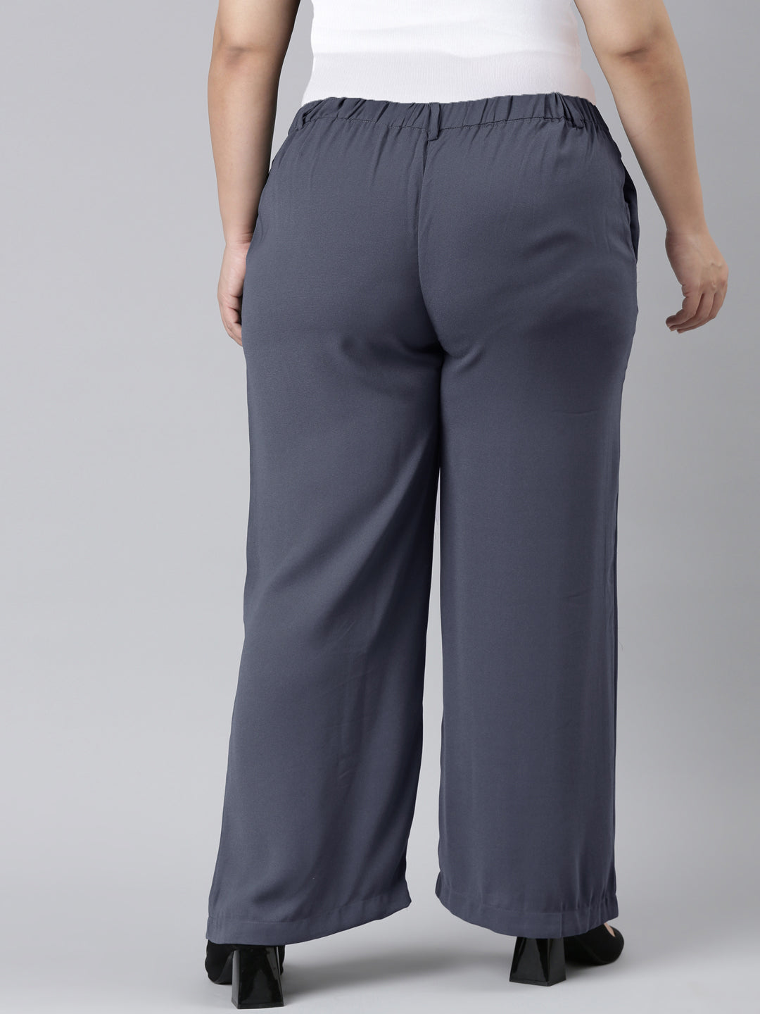Women Solid Dark Jean Blue High Rise Crepe Wide Pant