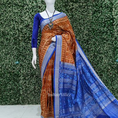 Orange Blue Tribal Theme Odisha Ikat Pure Sambalpuri Silk Saree