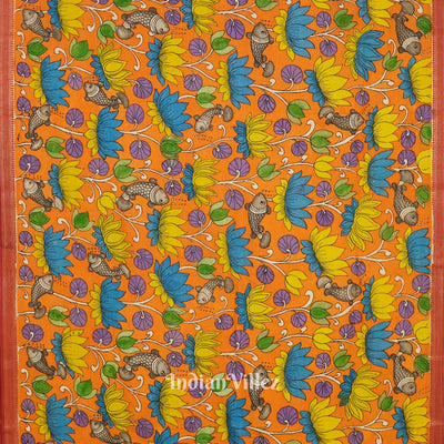 Orange Lotus Fish Hand-Painted Natural Dye Cotton Kalamkari Saree