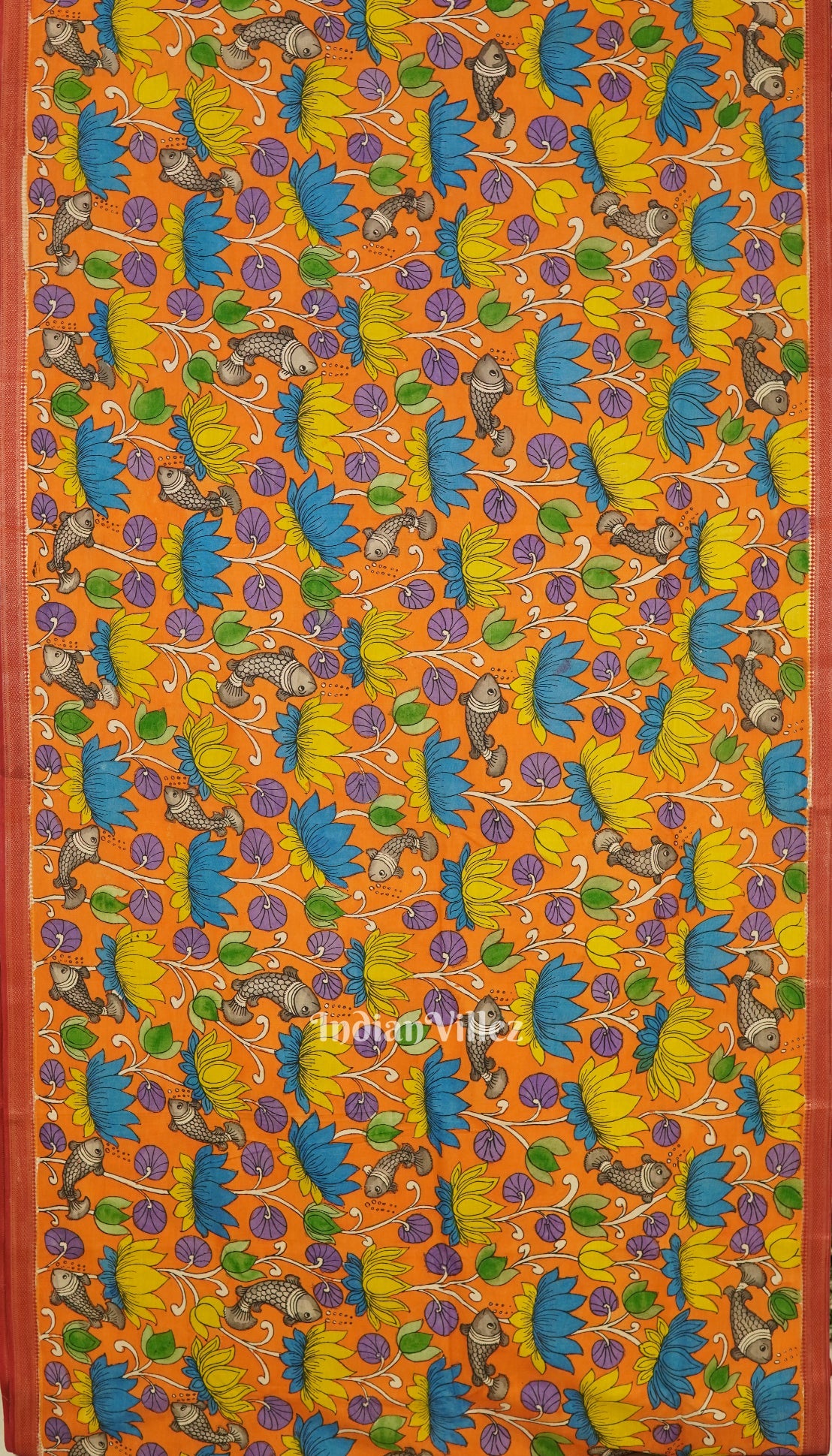 Orange Lotus Fish Hand-Painted Natural Dye Cotton Kalamkari Saree