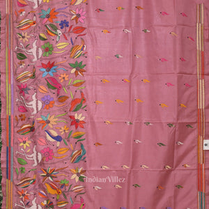 Peach Pink Handwoven Kantha Stitch Silk Saree