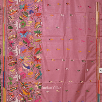 Peach Pink Handwoven Kantha Stitch Silk Saree