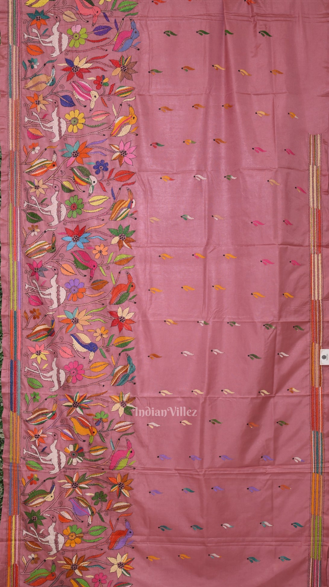 Peach Pink Handwoven Kantha Stitch Silk Saree