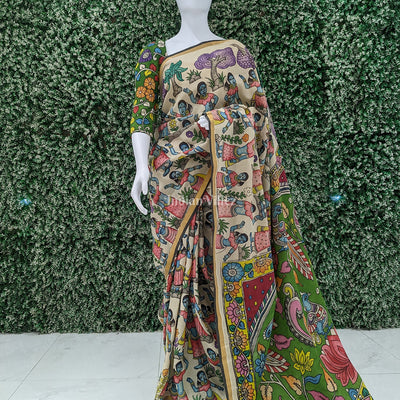 Off White Hand-Painted Natural Dye Cotton Kalamkari Saree