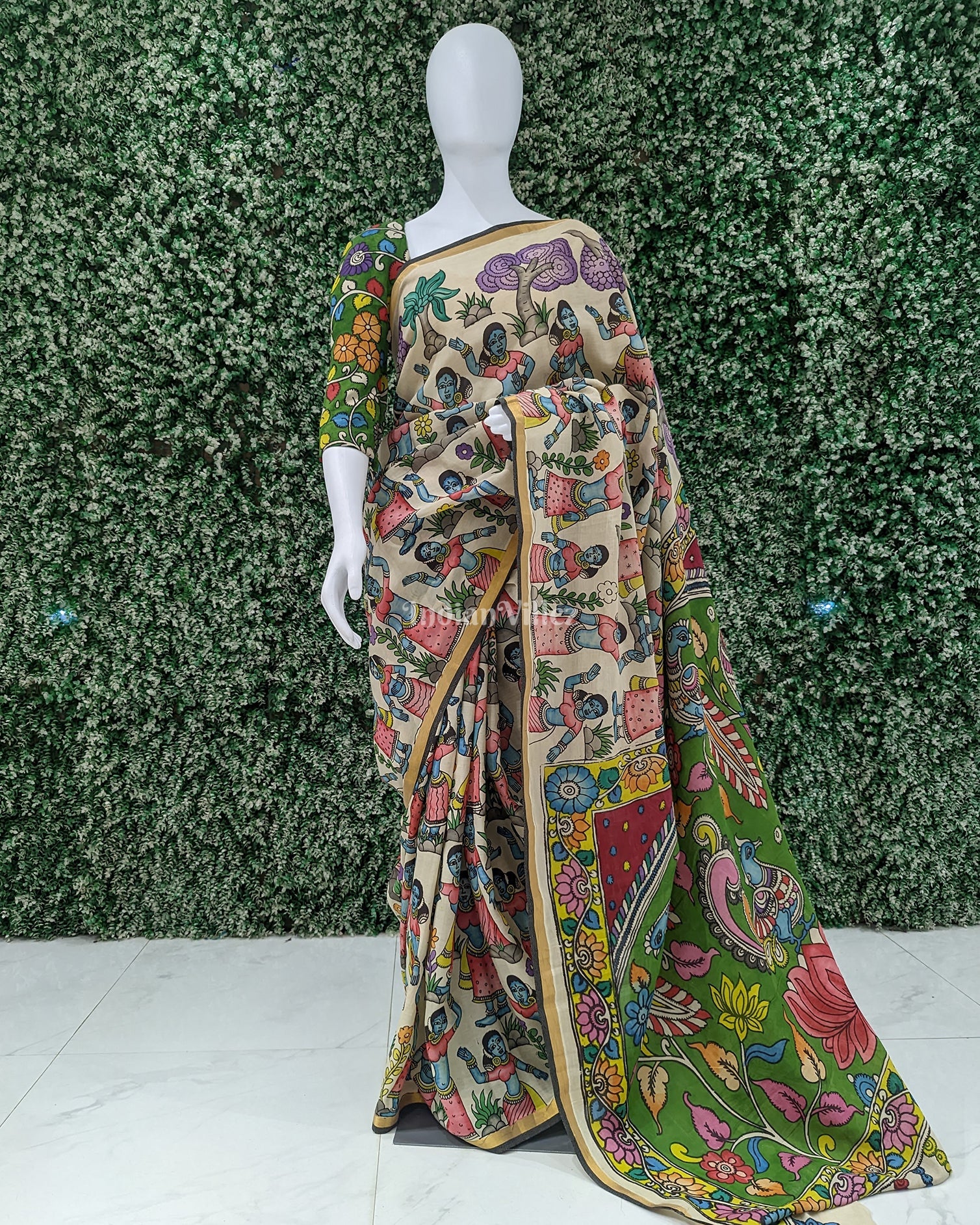 Off White Hand-Painted Natural Dye Cotton Kalamkari Saree