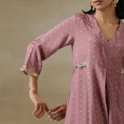 Dark Mauve Bandhani Printed Silk Front Slit Kurta Pant Set | Relove