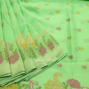 Pista Green Floral Motif Designer Banarasi Katan Silk Saree