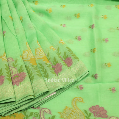 Pista Green Floral Motif Designer Banarasi Katan Silk Saree