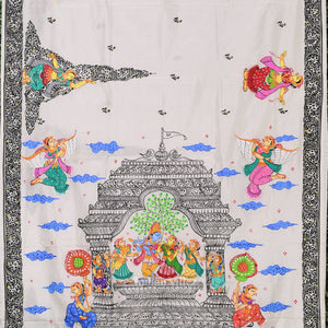 White Radha Krisha Hand-Painted Pattachitra Saree