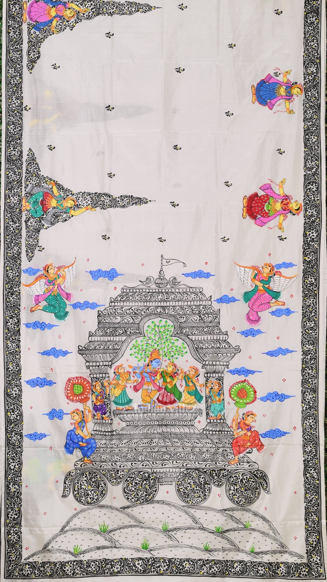 White Radha Krisha Hand-Painted Pattachitra Saree
