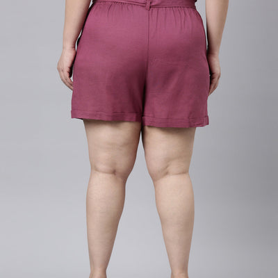 Women Solid Plum High Rise Linen Shorts