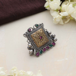 trueBrowns Silver Gold Tone Square Ring