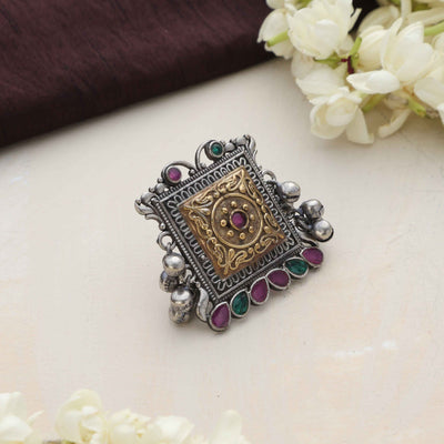 trueBrowns Silver Gold Tone Square Ring