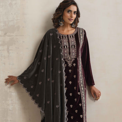 trueBrowns Purple Velvet Floral Embroidered Kurta Pant Dupatta Set