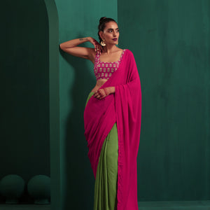 trueBrowns Green Pink Muslin Silk Ready To Wear Saree