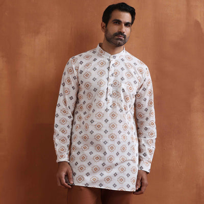 trueBrowns Men's Ivory Printed Short Kurta