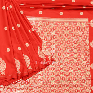Deep Red Floral Motif Mashru Satin Silk Banarasi Saree