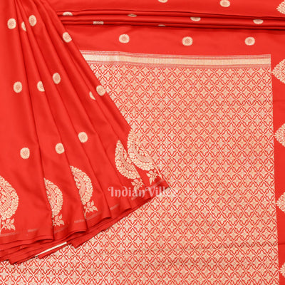 Deep Red Floral Motif Mashru Satin Silk Banarasi Saree