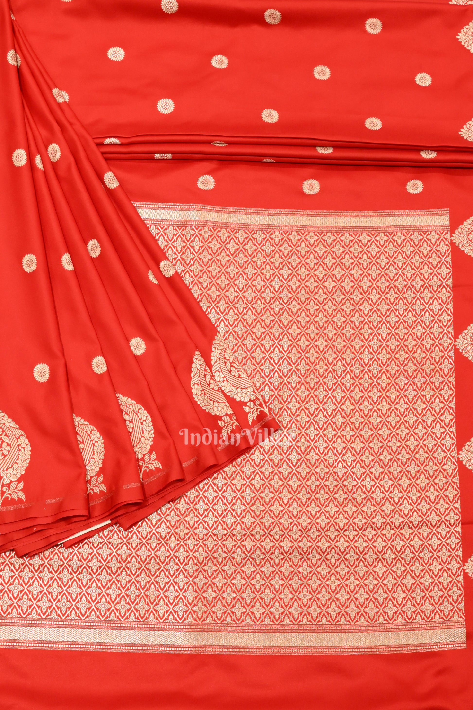 Deep Red Floral Motif Mashru Satin Silk Banarasi Saree