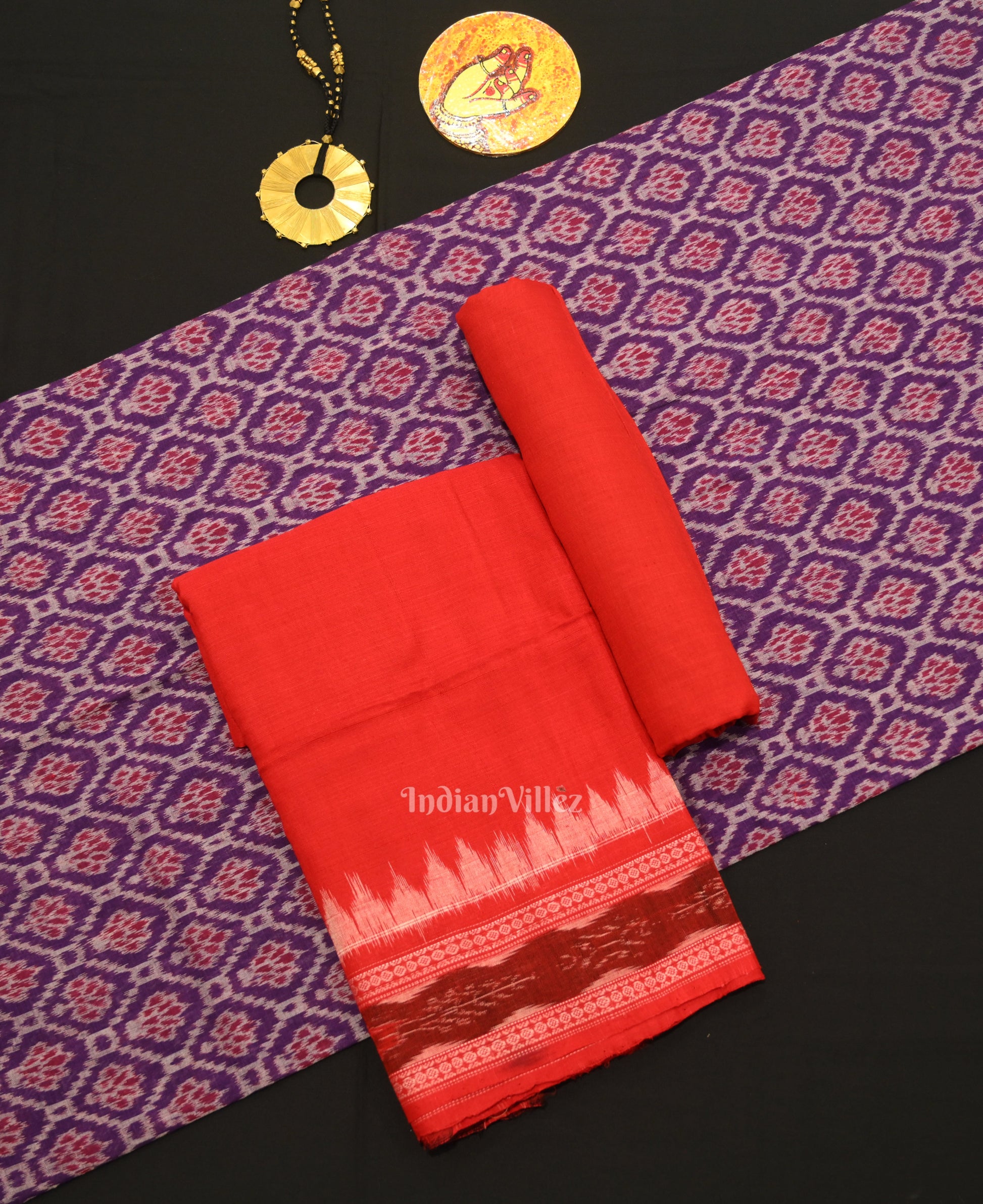 Violet Red Odisha Ikat Sambalpuri Dress Set & Dupatta