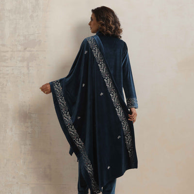 trueBrowns Blue Velvet Embroidered Kurta Pant Dupatta Set