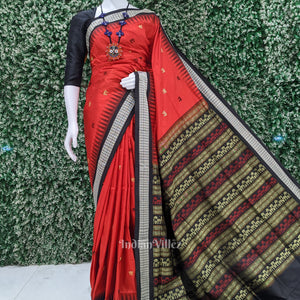 Red Laxmi Pada Lotus Sambalpuri Ikat Bomkai Silk Saree