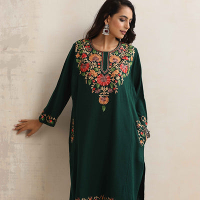 trueBrowns Green Kashmiri Embroidered Woollen Phiran Kurta