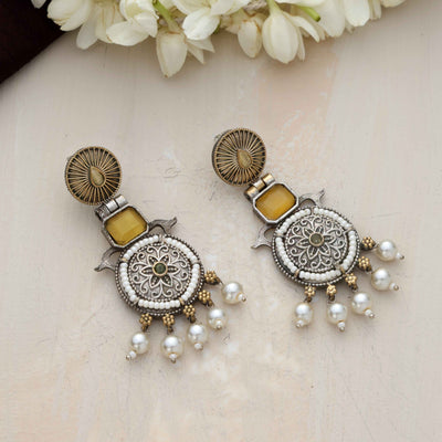 trueBrowns Silver Gold Tone Meenakari Pearl Drop Earrings