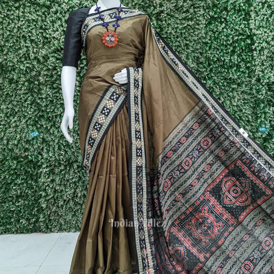 Dark Olive Green Sambalpuri Ikat Bomkai Silk Saree With Pasapali Border