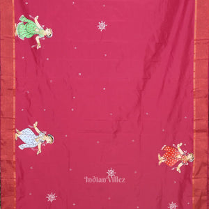 Magenta Pink Nartaki Theme Hand- Painted Pattachitra Saree