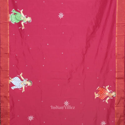 Magenta Pink Nartaki Theme Hand- Painted Pattachitra Saree
