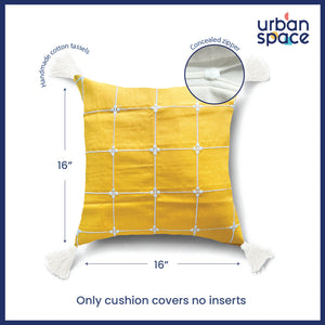 Embroidered Cotton Cushion Cover, for Sofa, Bedroom, Living Room - Set of 2 - Aura Checks Yellow