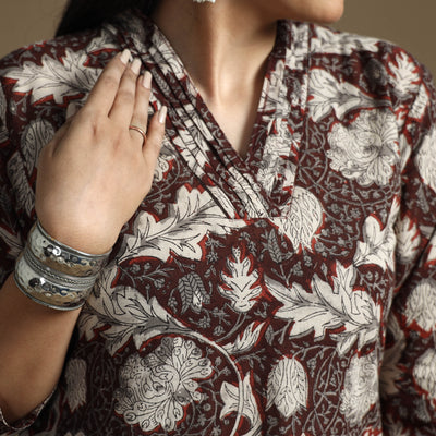 Brown - Bagru Hand Block Printed Cotton A-Line Long Kurta