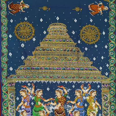 Blue Red Nataki Konark Temple Hand-Painted Pattachitra Saree