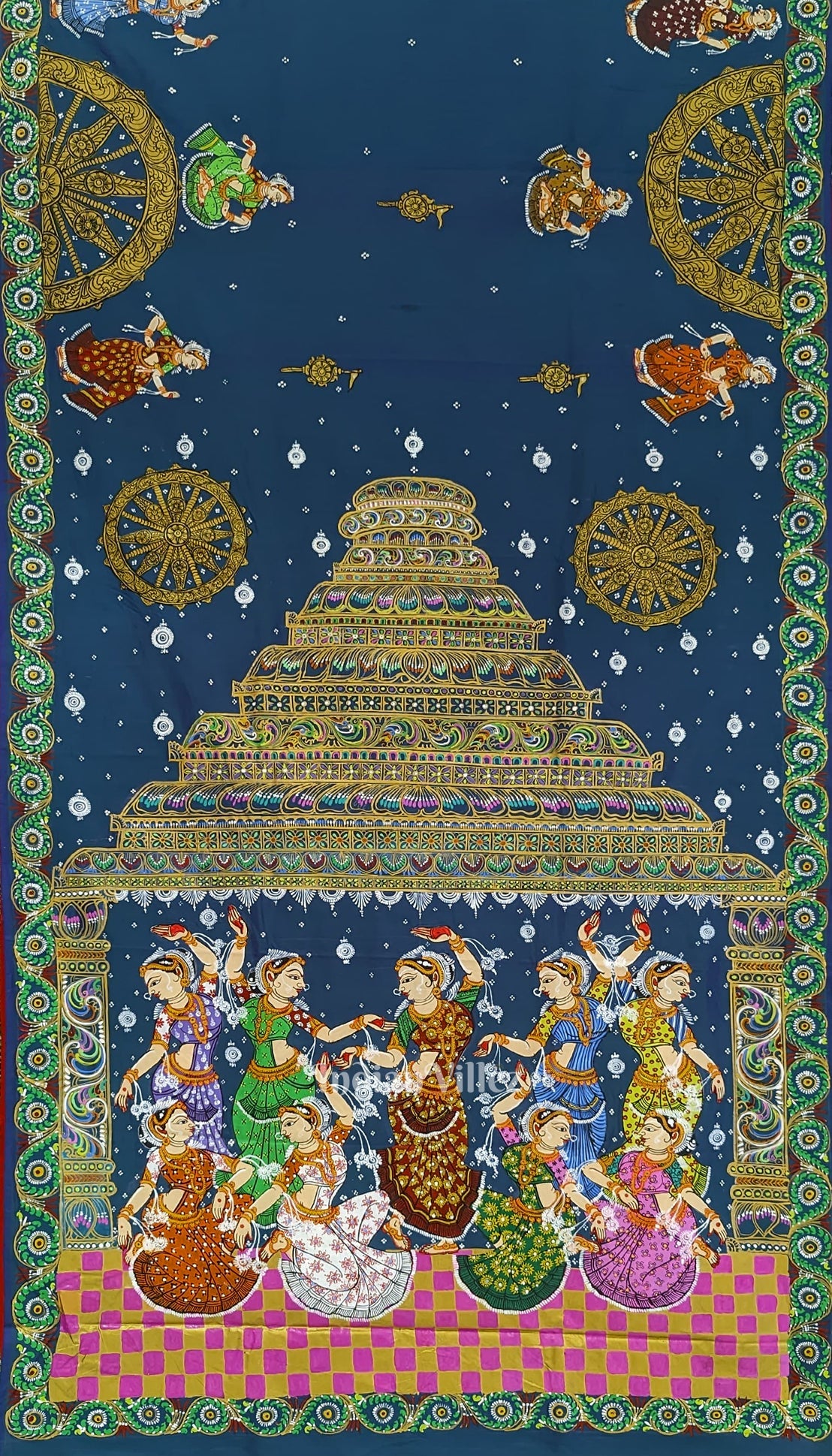 Blue Red Nataki Konark Temple Hand-Painted Pattachitra Saree