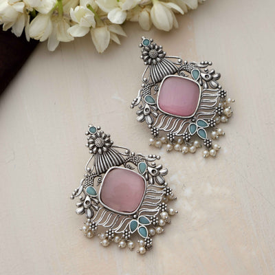 trueBrowns Silver Tone Pink Stone Pearl Drop Earrings
