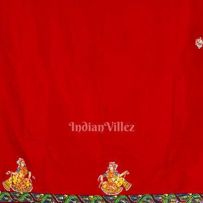 Teal And Red Krishna Radha With Boita Theme Hand-Painted Pattachitra Saree