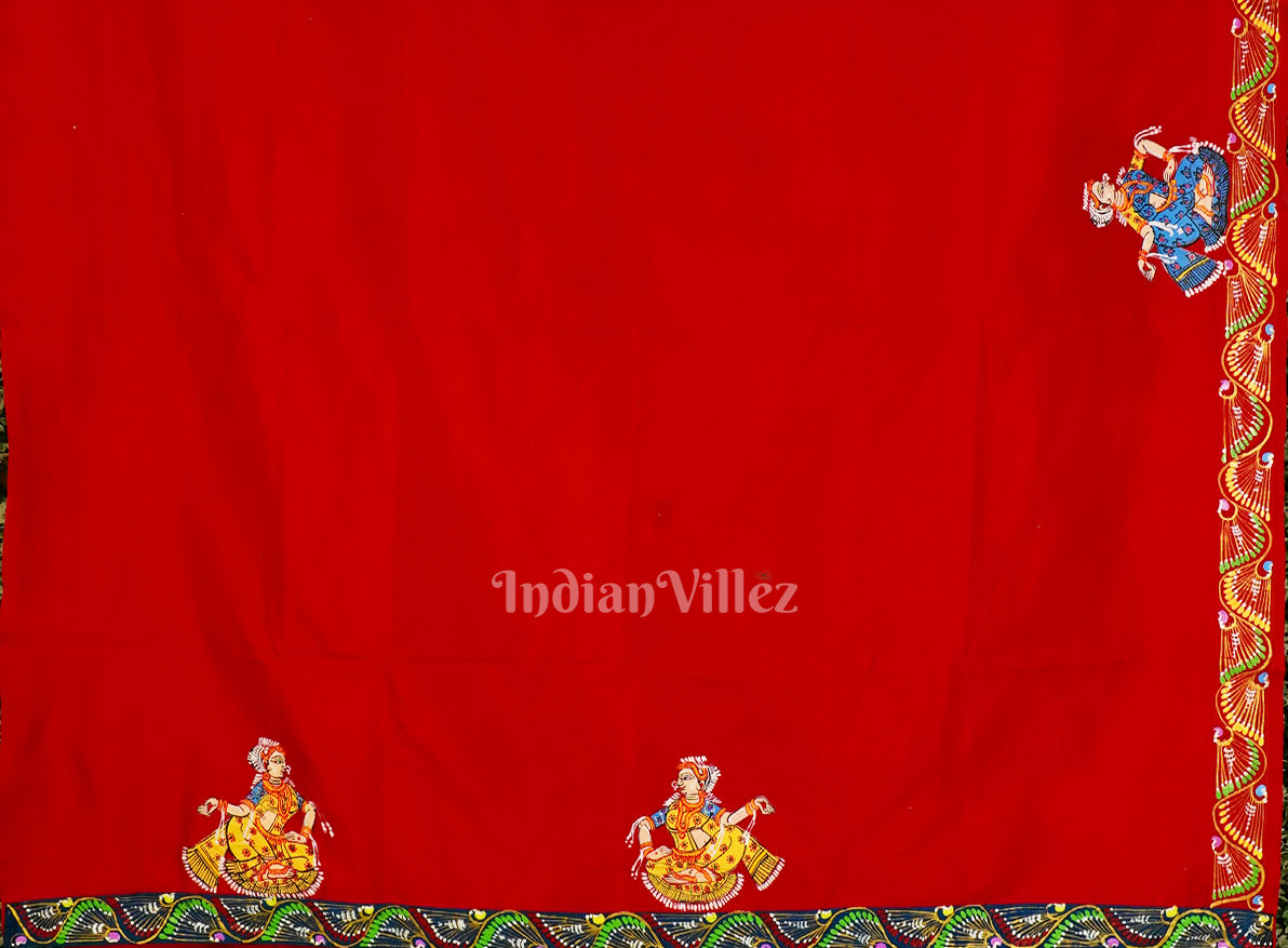 Teal And Red Krishna Radha With Boita Theme Hand-Painted Pattachitra Saree